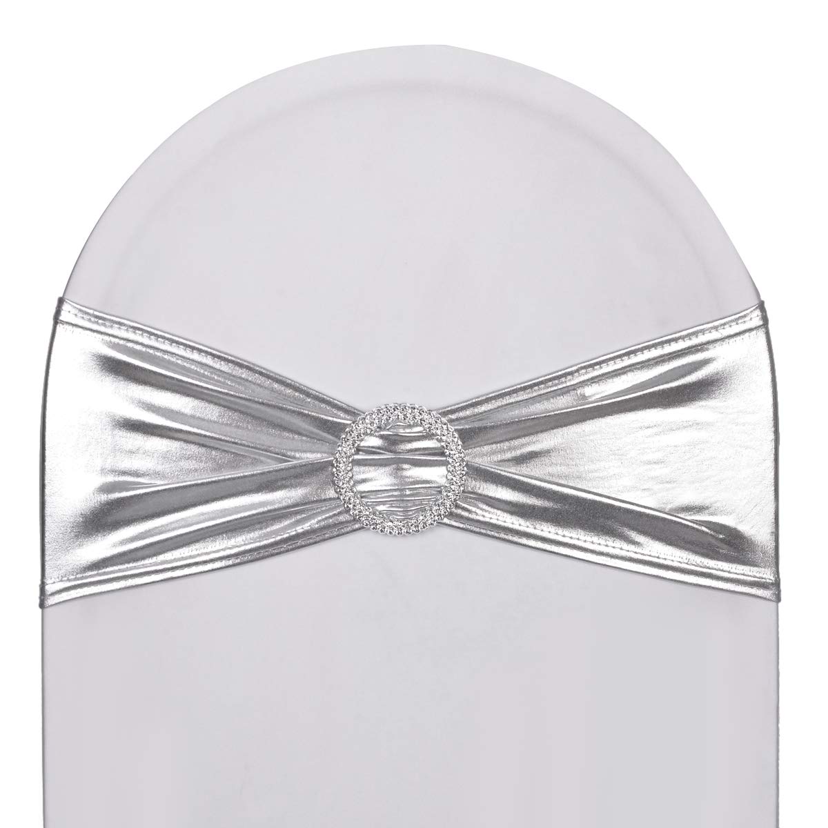 Sweeteasy 50Pcs Metallic Silver Spandex Chair Sashes, Durable Workmanship,Stretch Bows With Buckle Stretchable For Christmas Wed