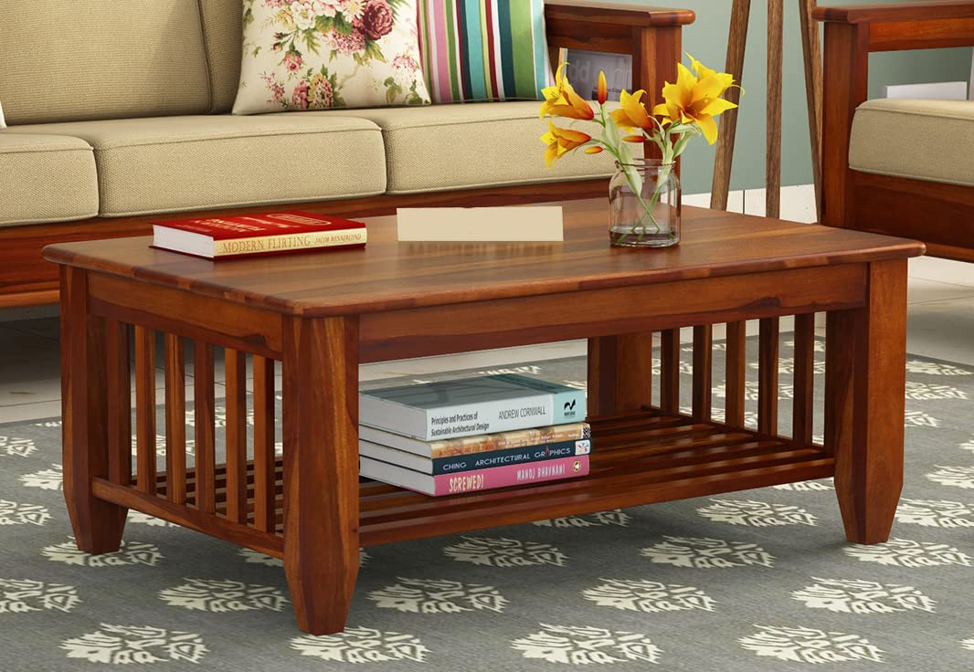 AASALIYA Wooden Center Coffee Table with Storage | Solid Sheesham Wood Centre Table for Living Room, Drawing Room & Office | Hon