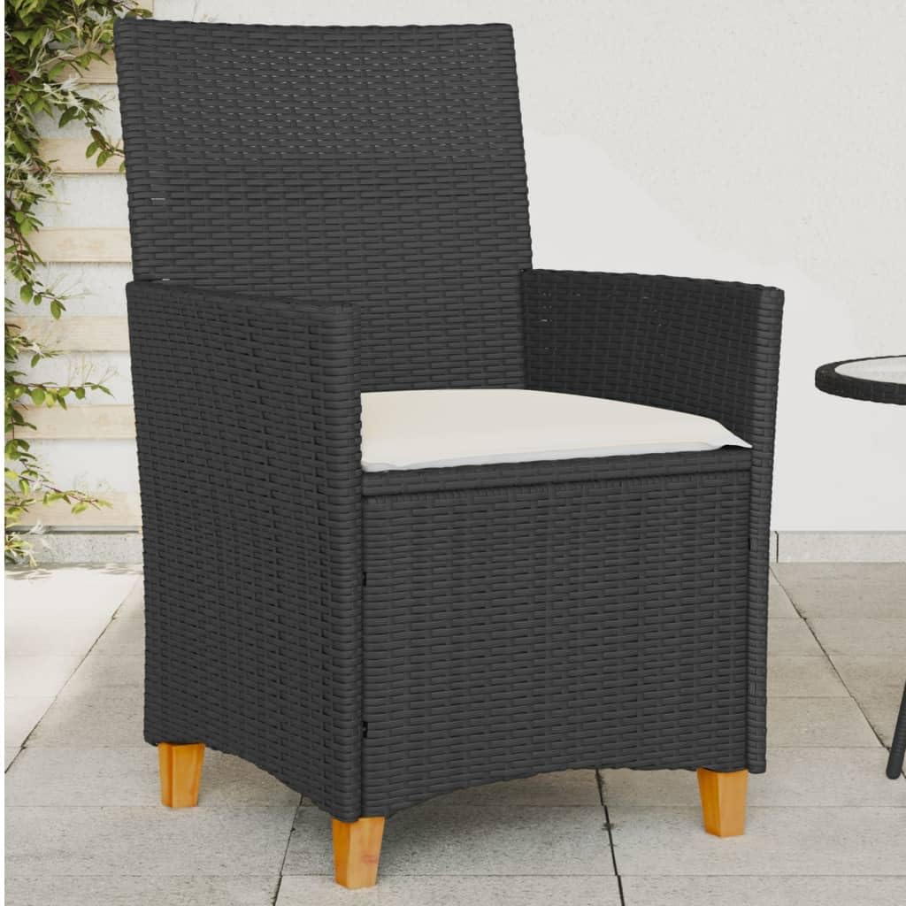 vidaXL Patio Chairs with Cushions, Set of 2 - Black Poly Rattan & Solid Acacia Wood, 23.2 x 24 x 35.4, Cream White Cushions, Ideal for Garden, Deck, Outdoor Seating - Durable, Weather-Resistant