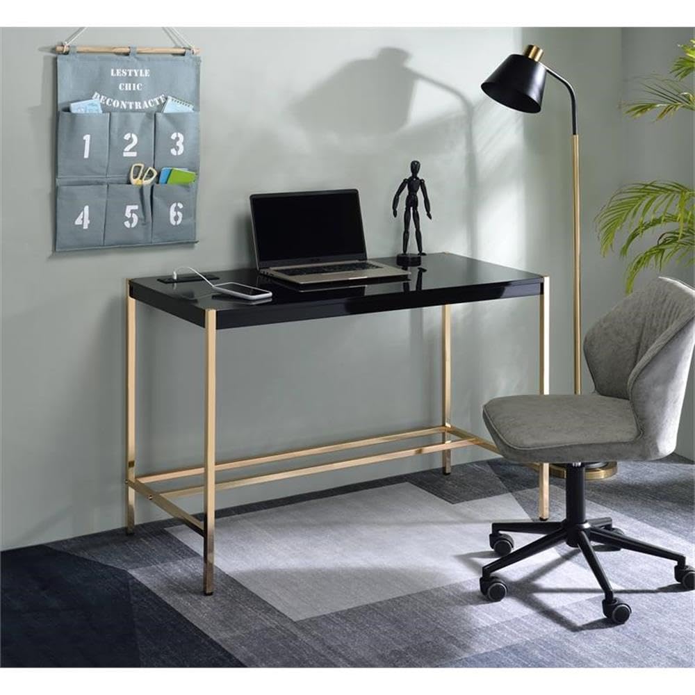 Acme Midriaks Wooden Top Writing Desk with USB Port in Black and Gold