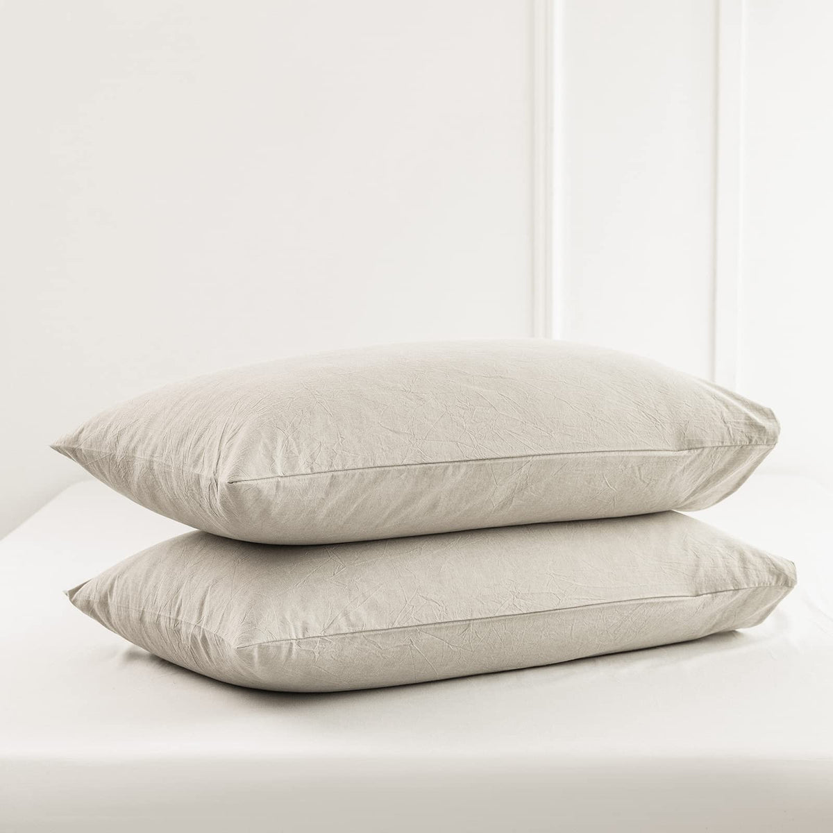 Moomee Bedding Pillowcases Pack Of 2 100% Washed Cotton Linen Like Textured Breathable Durable Soft Comfy (Cream Grey, Queen)
