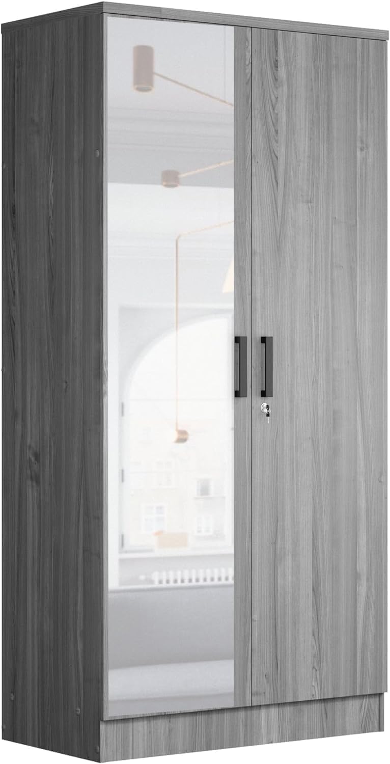 Woodpeckers Furniture And Mattress 2 Doors Wardrobe Mirrored Door (Grey)