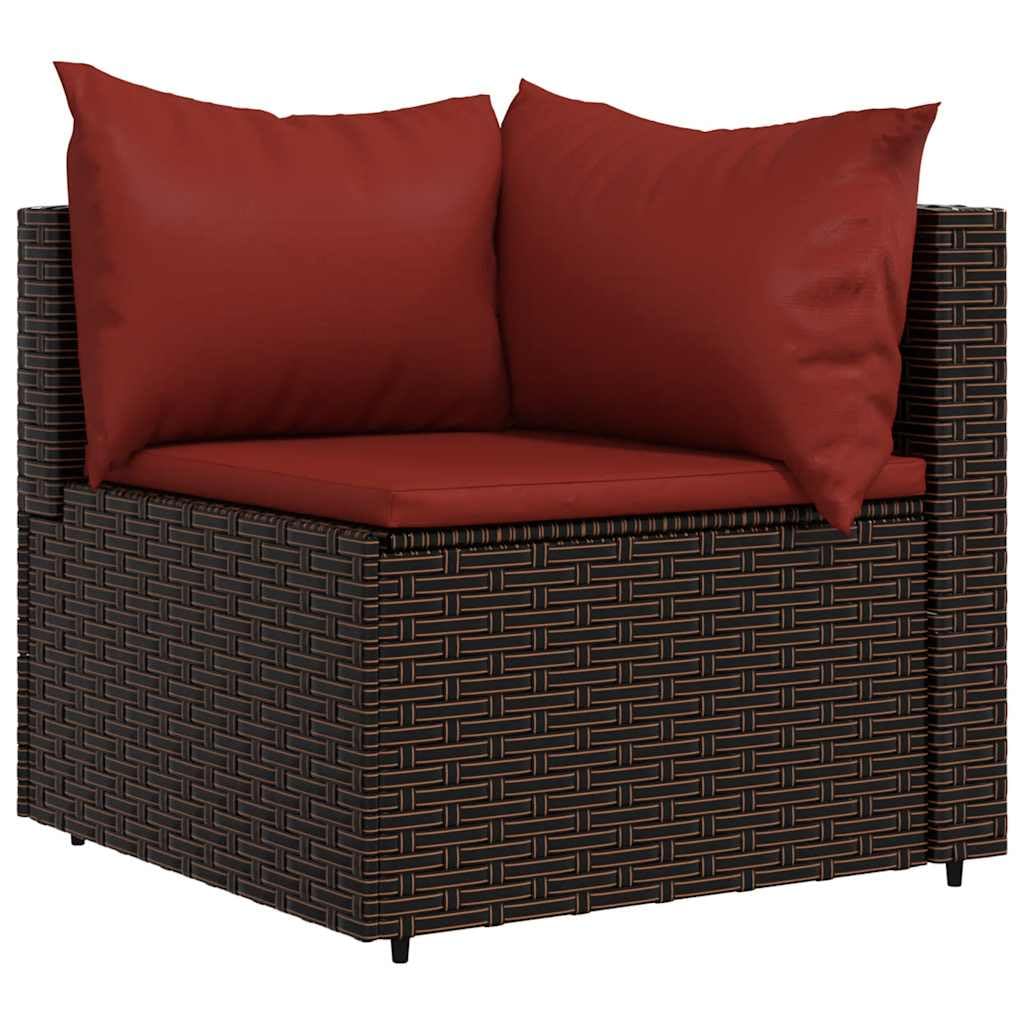 vidaXL Patio Corner Sofa with Cushions - Outdoor Furniture with Sturdy Steel Frame and Weather- Poly Rattan - Brown and Red