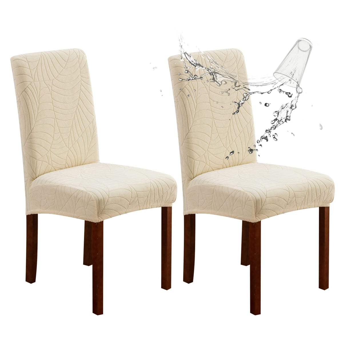 Genina Waterproof Chair Covers For Dining Room Set Of 2, Stretch Jacquard Dining Chair Slipcovers Removable Washable Chair Protectors Cover For Kitchen, Hotel, Restaurant (Leaves-Beige, 2 Pcs)