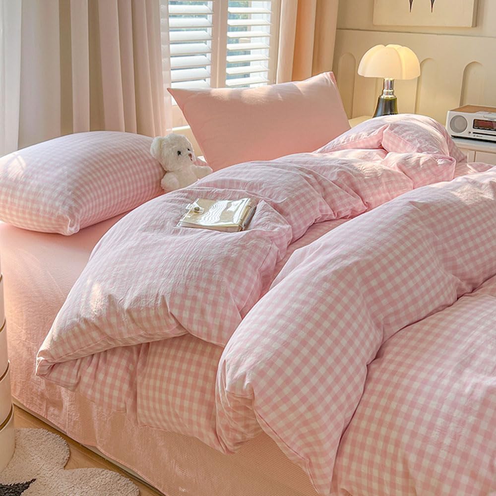 Nayoroom Gingham Duvet Cover Queen Size Pink White Plaid Checkered Comforter Cover 3 Pcs Soft Breathable Washed Microfiber Grid