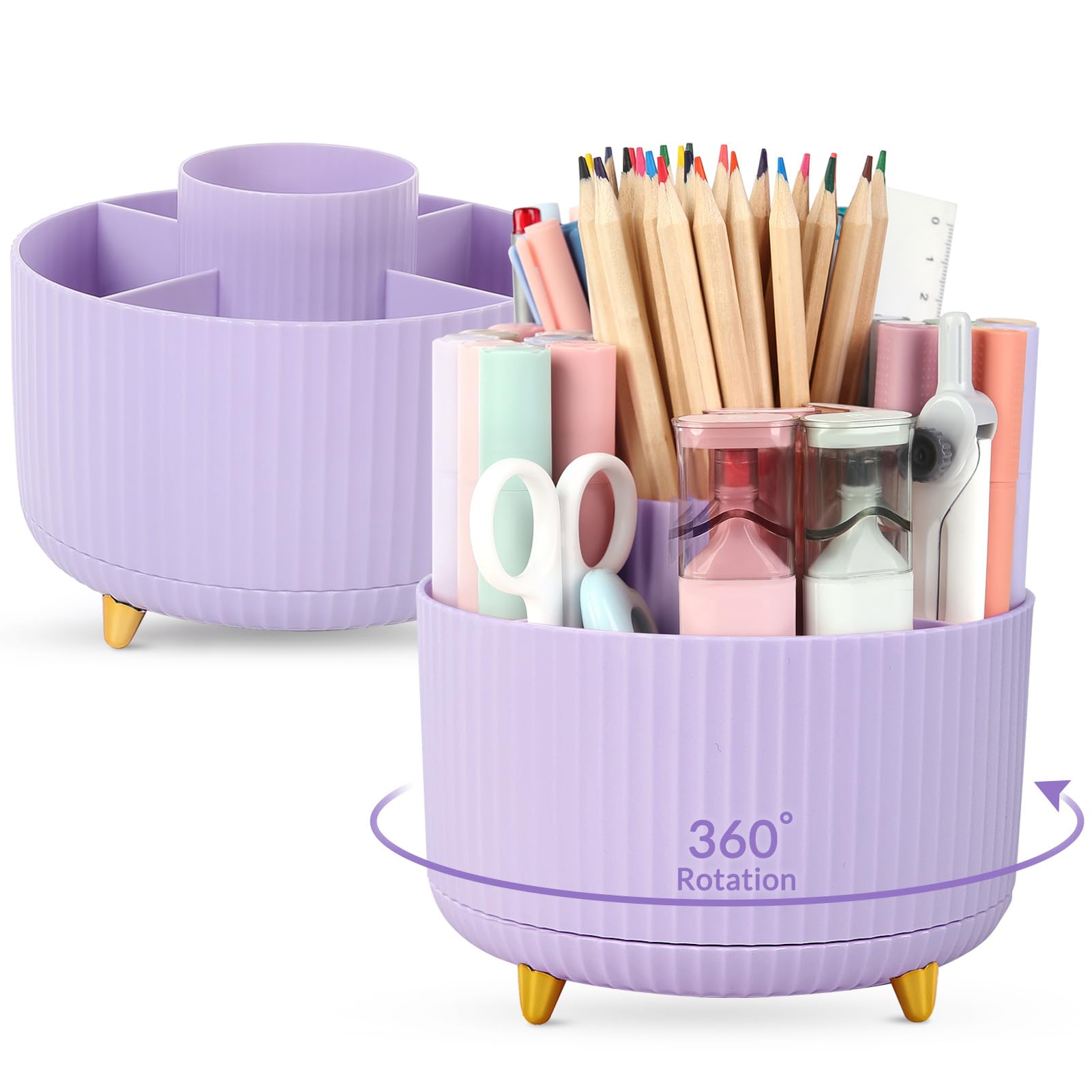 Skydue 2 Pack Pen Holder, 360 Degree Rotating Pencil Holder For Desk Organizer, Rotating Desktop Pen Organizer With 5 Slots, Off