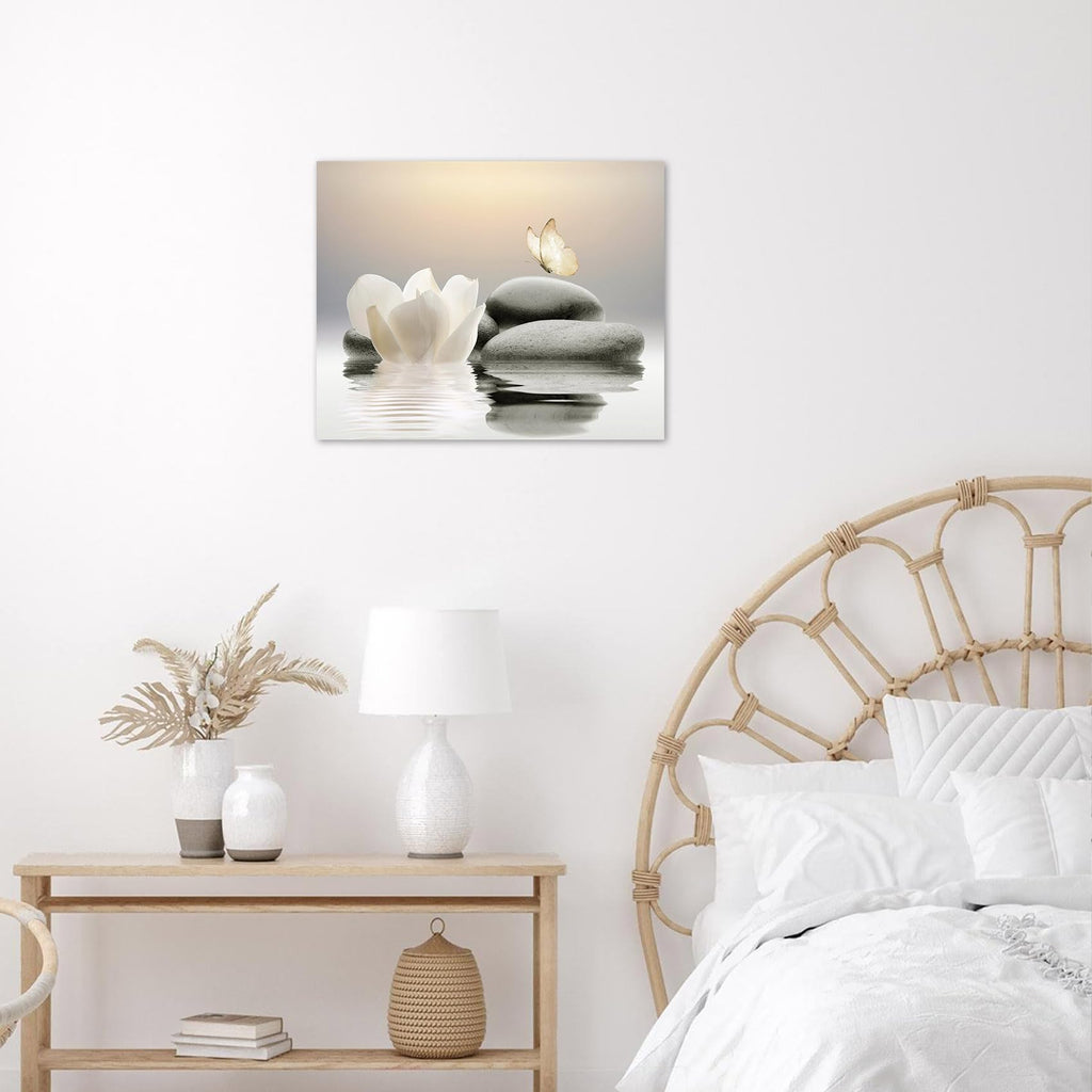Eobtain Zen Water Lily Canvas Wall Art White Floral And Yellow Butterfly On Stone Bedroom Wall Decor Modern Spiritual Yoga Spa P
