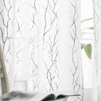 Finecity Tree Curtains For Living Room - White Sheer Curtains 72 Inches Long Silver Foil Tree Branch Design Print Curtain 2 Pane