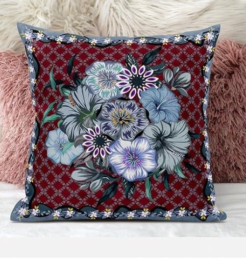 HomeRoots 28x28 Red Gray Blown Seam Broadcloth Floral Throw Pillow