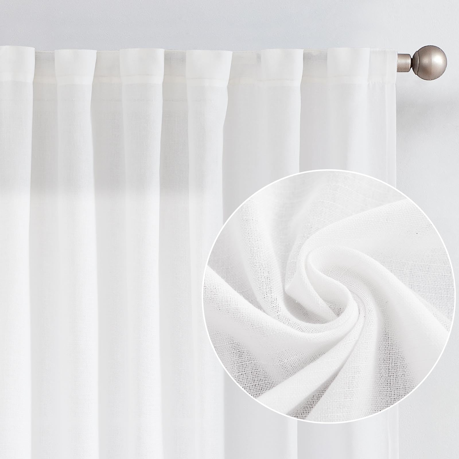 Jinchan Linen Blend White Curtains 102 Inches Long For Living Room Farmhouse Rod Pocket Back Tab Light Filtering Window Drapes For Bedroom 50X102 Off White 2 Panels