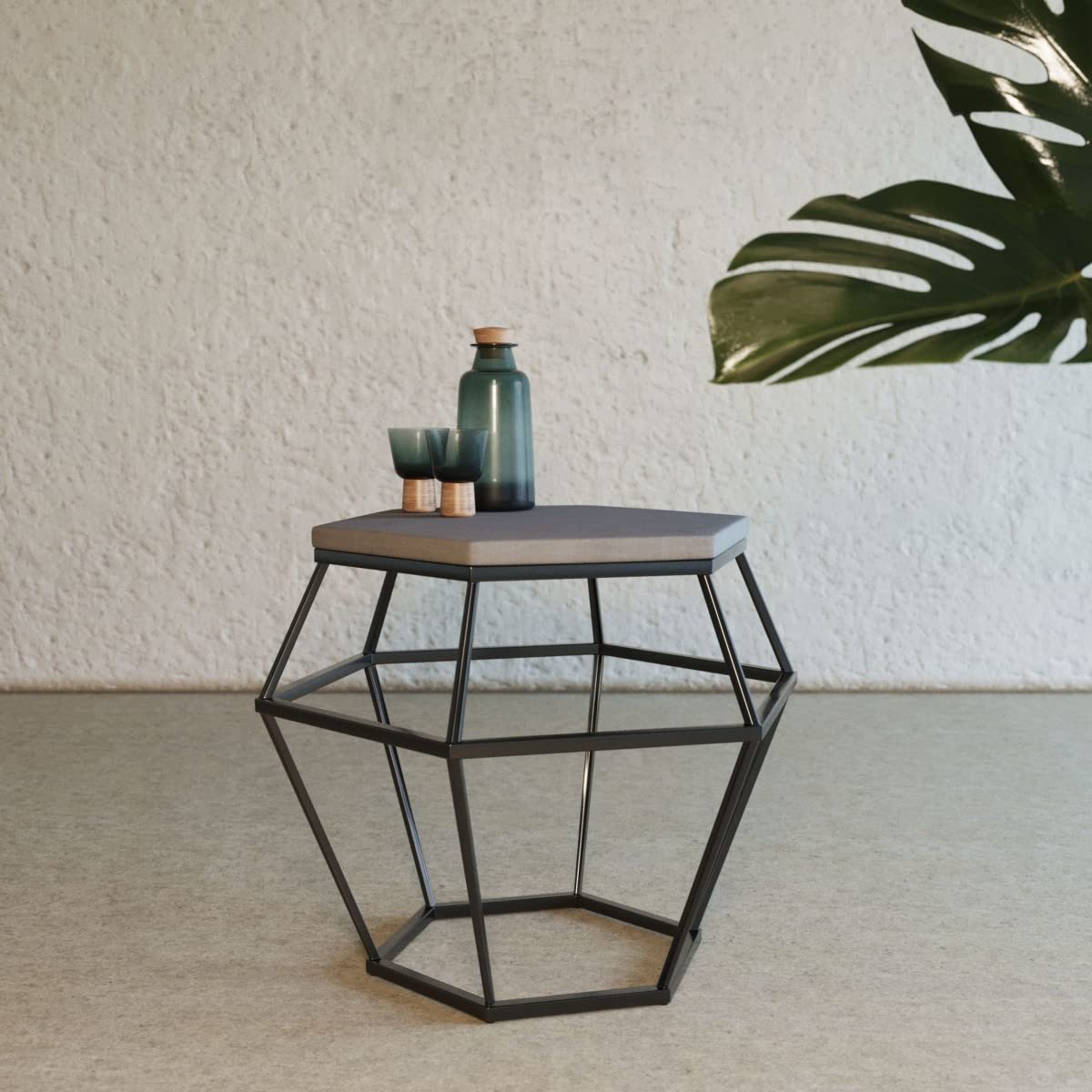 HomeRoots Grey Modern Gray Concrete and Black Metal Hexagonal End Table