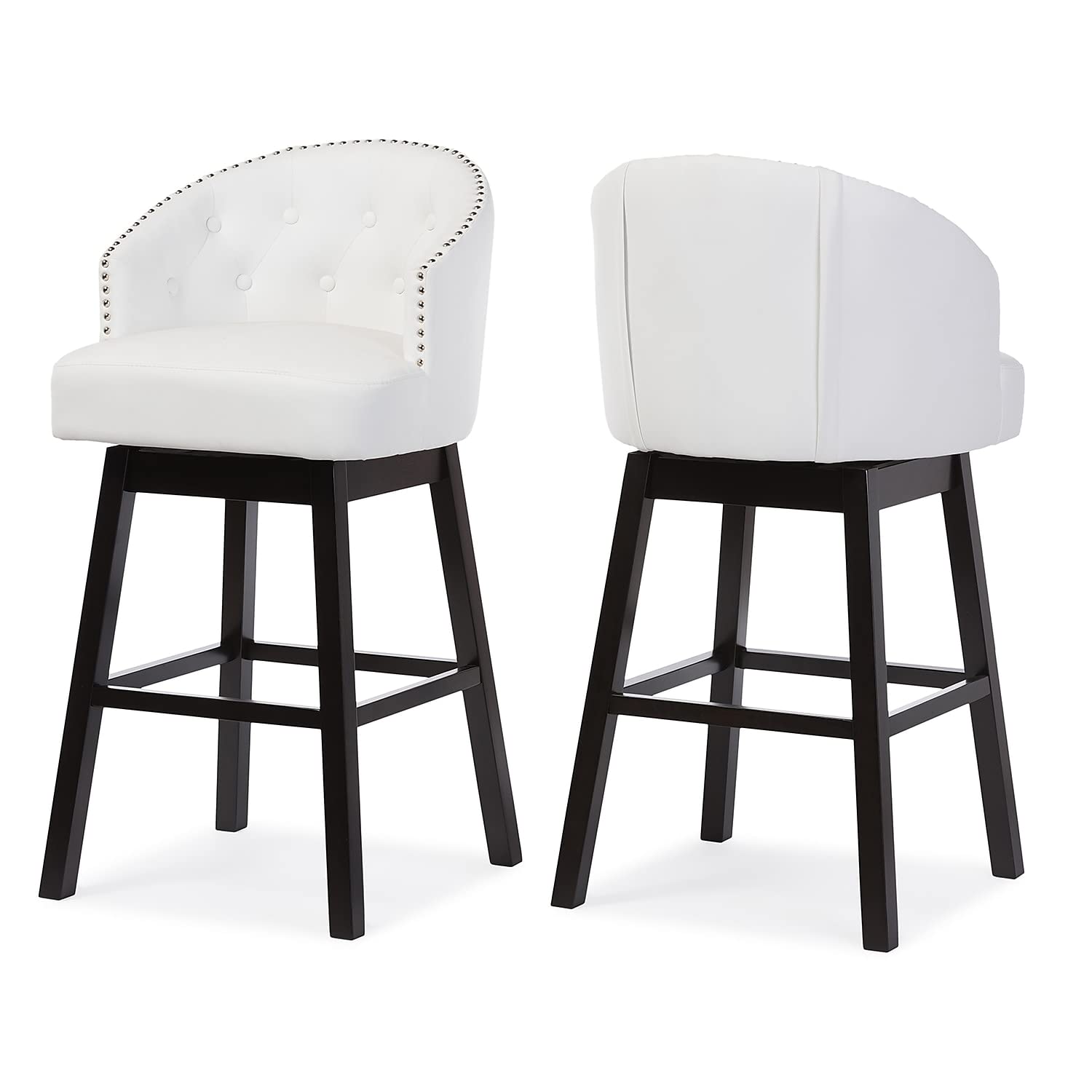 Baxton Studio Avril Modern and Contemporary White Faux Leather Tufted Swivel Barstool with Nail heads Trim