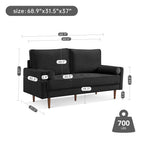American Furniture Classics Black 69 Inch Wide Upholstered Two Cushion Sofa with Bolster Pillows Velvet, 69" x 32" x 37"