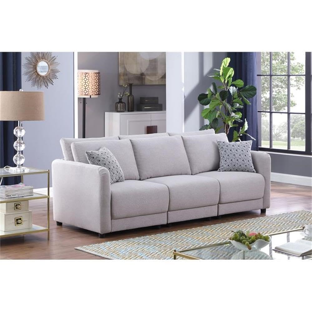 Lilola Home Penelope Light Gray Linen Fabric Sofa with Pillows
