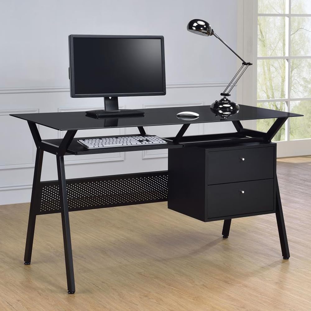 Coaster Modern 55-Inch Office Computer Desk Workstation with Black Tempered Glass Top Keyboard 2-Drawer Storage 55.00Lx 23.50W x 30.75H 800436