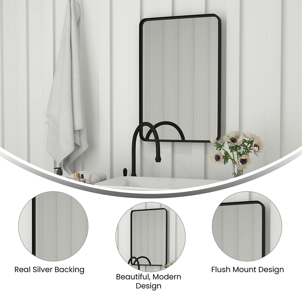 Flash Furniture Janinne Rectangle Wall Mirror - Matte Black Accent Mirror - 20" X 30" Vanity Mirror - For Bathroom, Vanity, Entryway, Dining Room, & Living Room