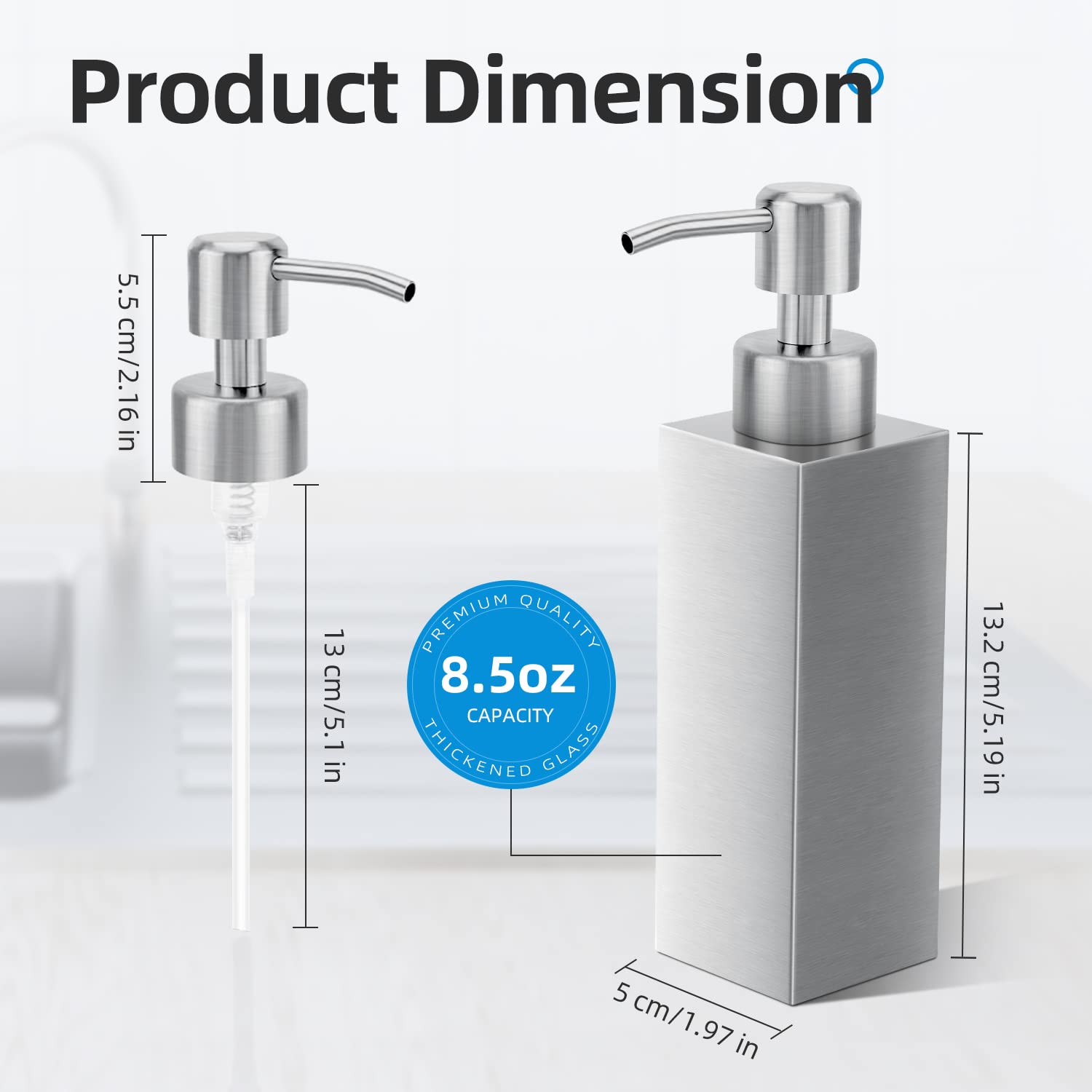 Glubee Stainless Steel Soap Dispenser, Rust-Proof Brushed Nickel Liquid Hand Dish Soap Dispenser Pump For Bathroom & Kitchen, 8.