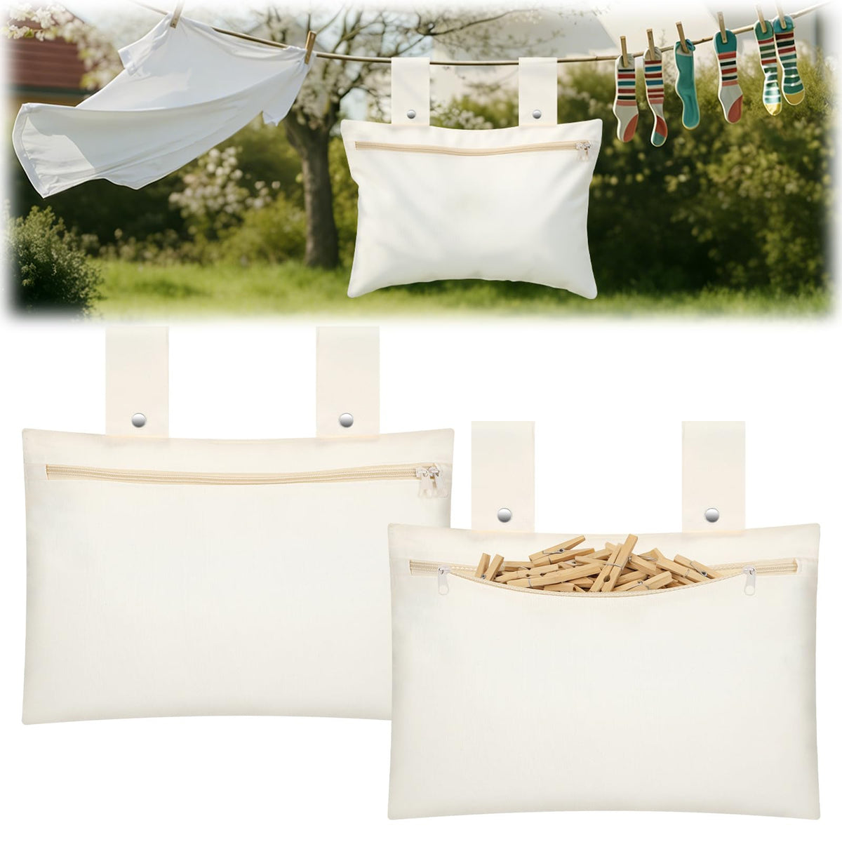 Abbylike 2 Pack Canvas Clothespin Bag 15 x 11 inch Beige Clothes Pin Hanging Bag Hang on Line Zipper Closure and Snap Fastener H