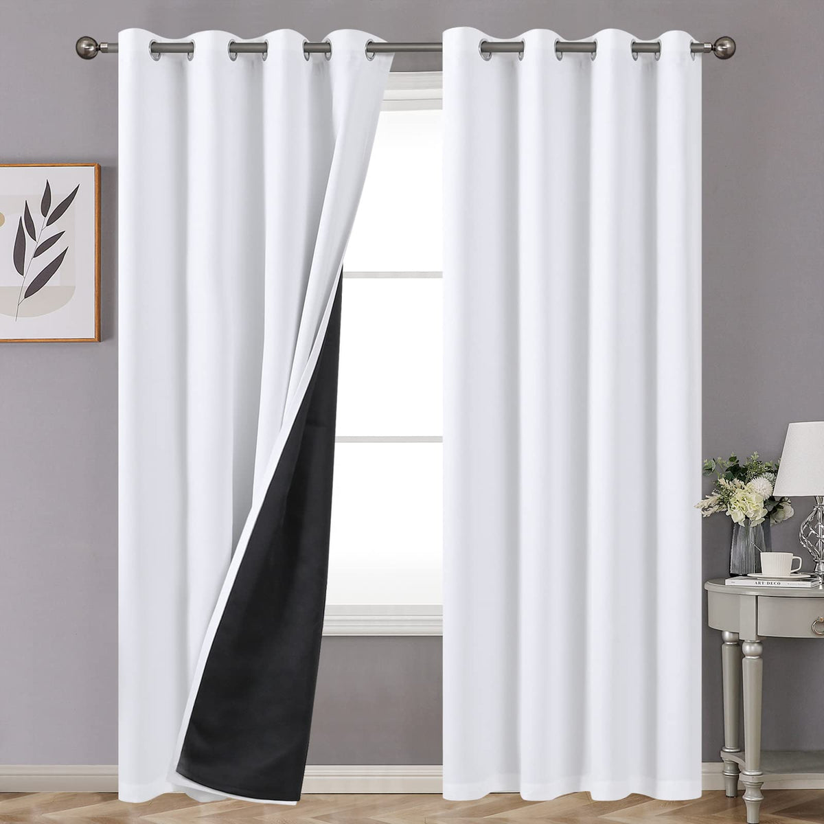 Youngstex Pure White 100% Blackout Curtains For Living Room 84 Inches Length 2 Panels, 2 Thick Layer Thermal Insulated Full Room