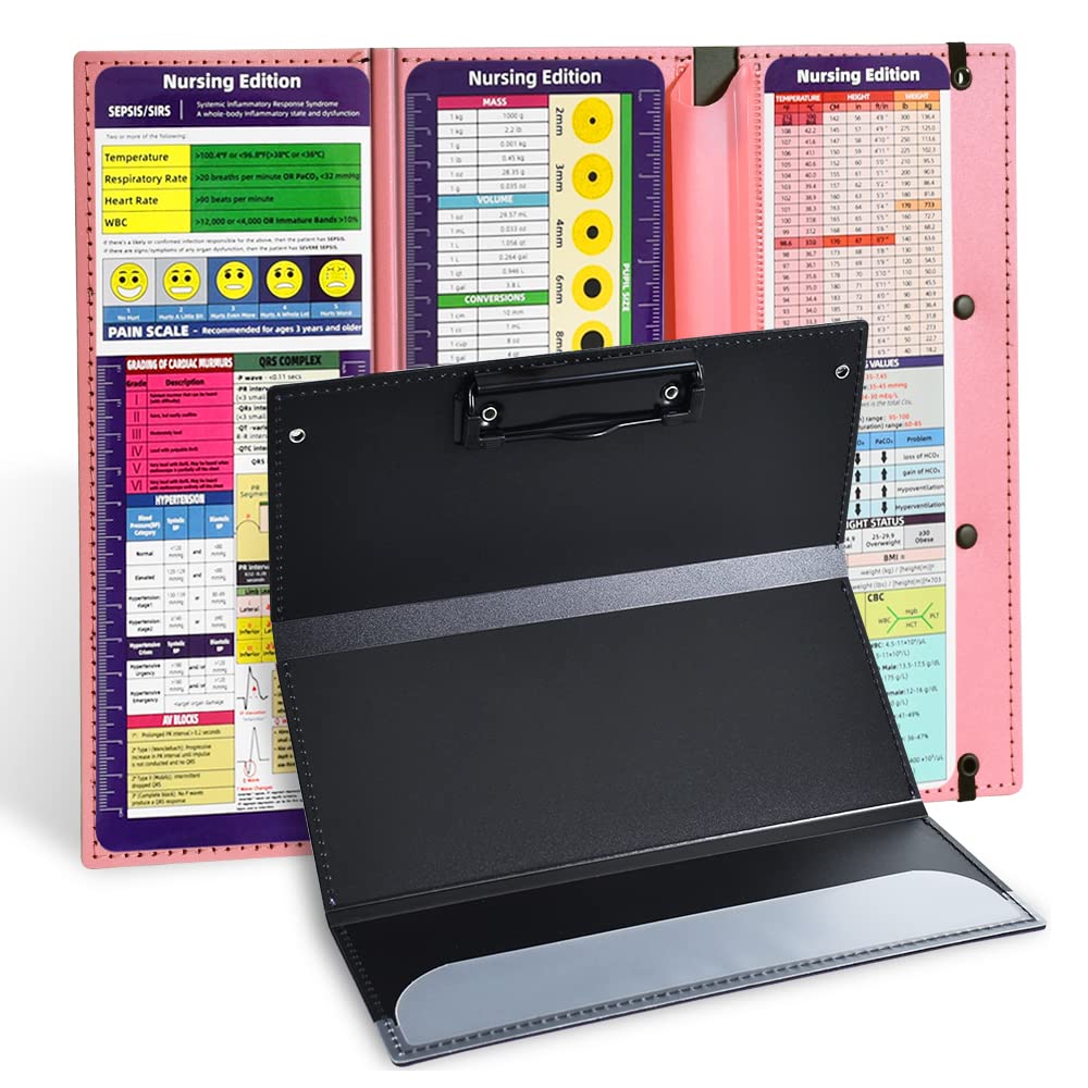 Vuzvuv Nursing Clipboard Foldable, Pink Nurse Pocket Clipboard 3 Layers With Nursing Medical Edition Cheat Sheets, Foldable Nurs