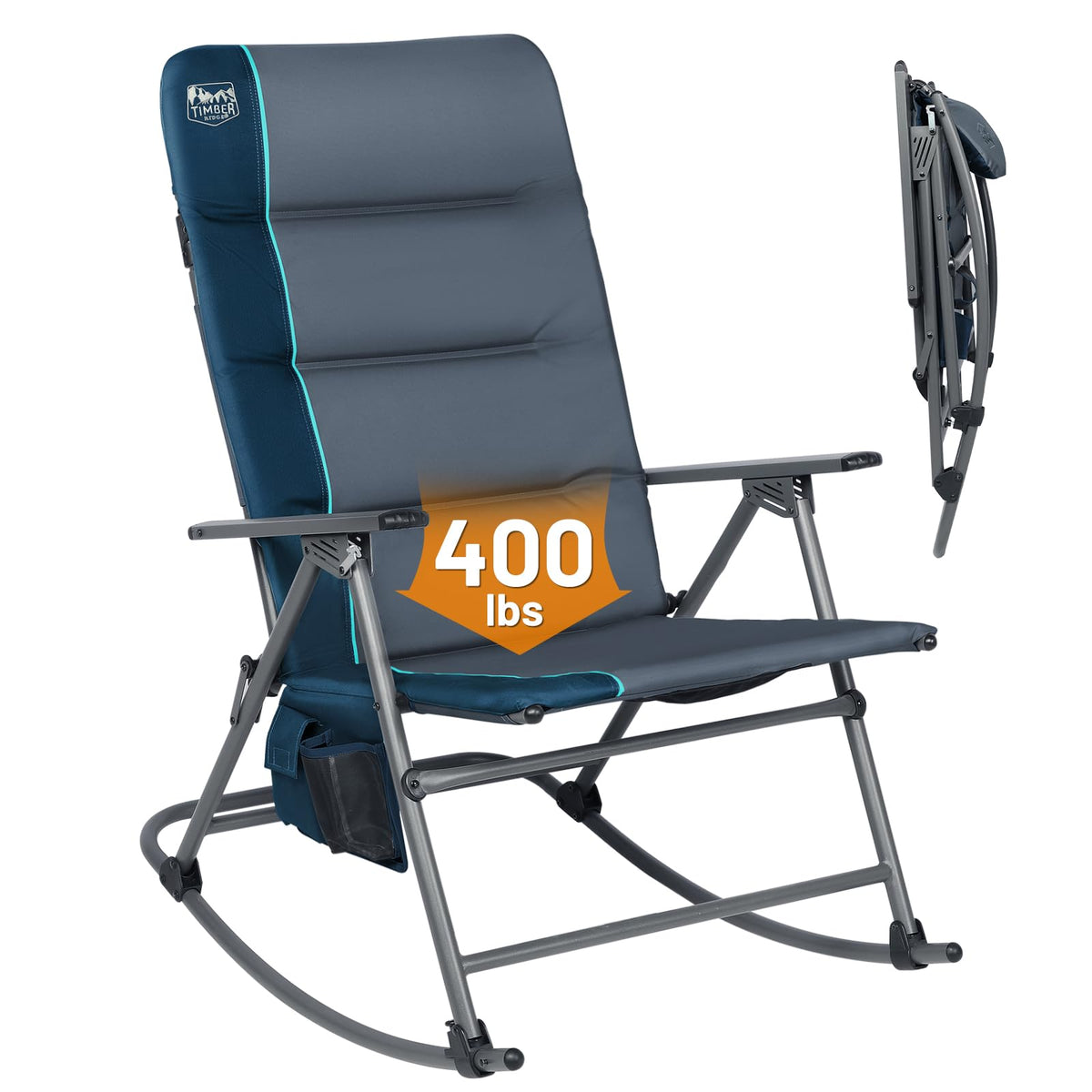Timber Ridge Oversized Folding Rocking Camping Chair, Padded Outdoor Rocker With High Back, Portable Outdoor Chair For Patio, Garden, Lawn, Supports Up To 400 Lbs, Blue