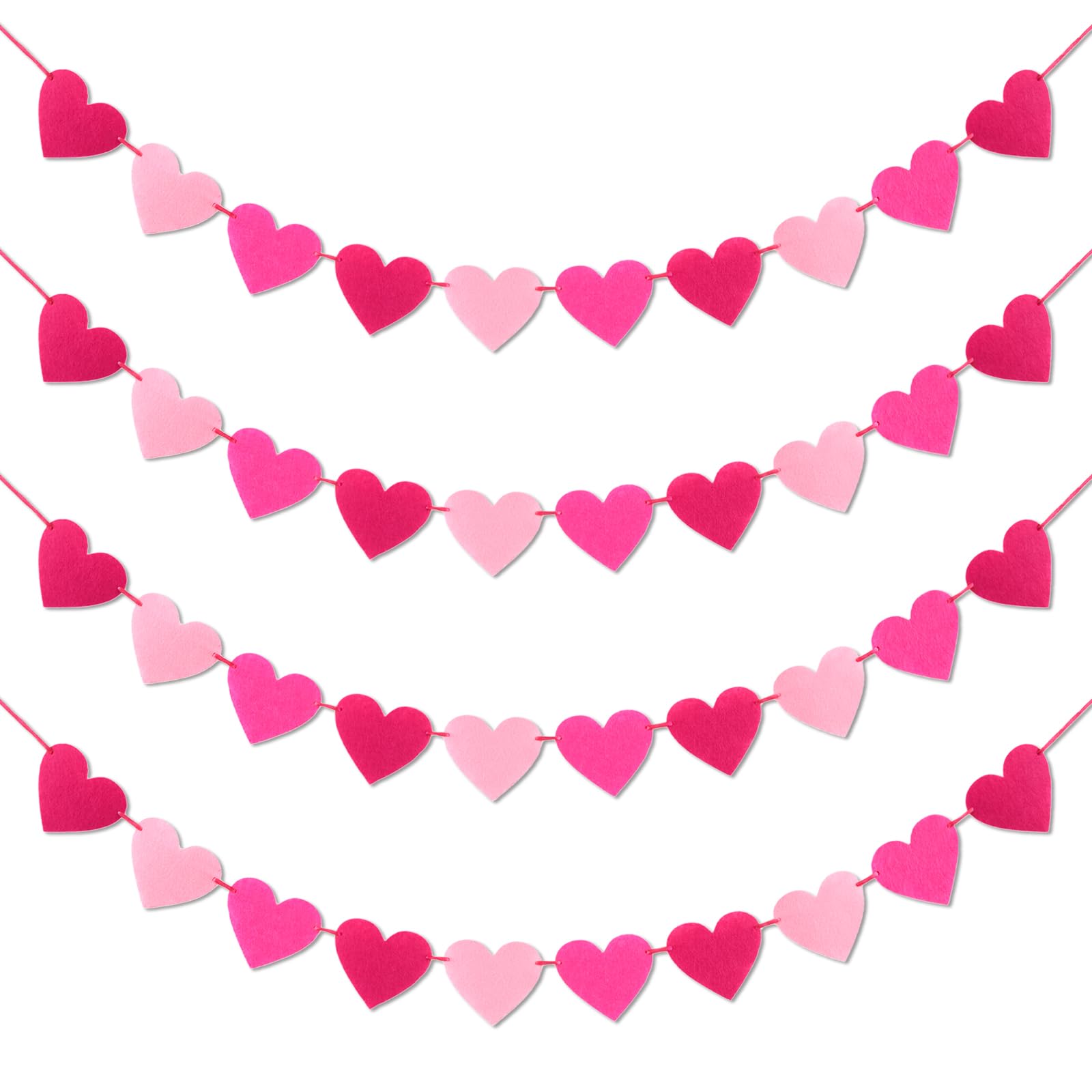 Landical 4 Pack Pink Hearts Felt Garland Valentine's Day Decorations Galentine's Day Banner Hanging Hearts Decorations for Home 