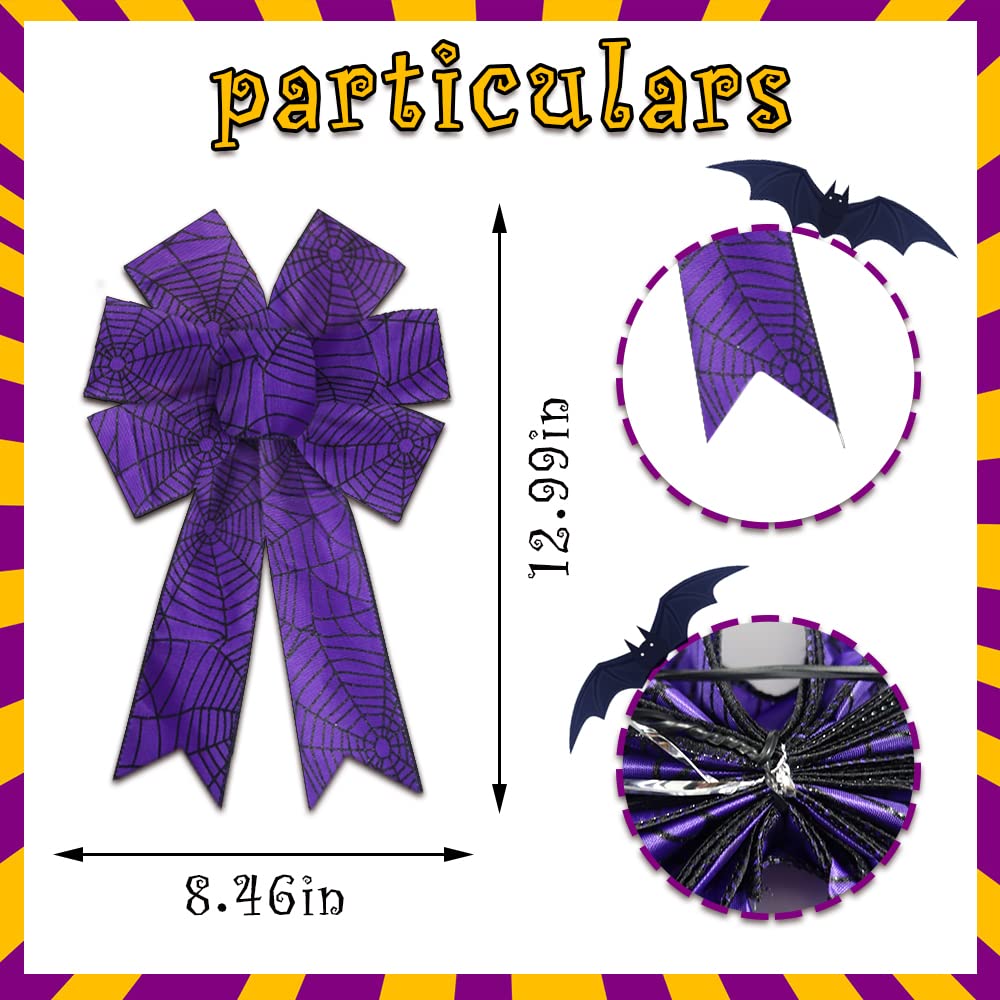 2Pcs Halloween Wreath Bows Halloween Decor Bows Purple Spider Web Strips Burlap Linen Bows For Wreath, Halloween Fabric Ribbon B