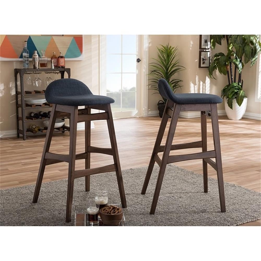 Baxton Studio 1 Piece Bloom Scandinavian Style Dark Fabric Upholstered Walnut Barstool Set, 30', Blue