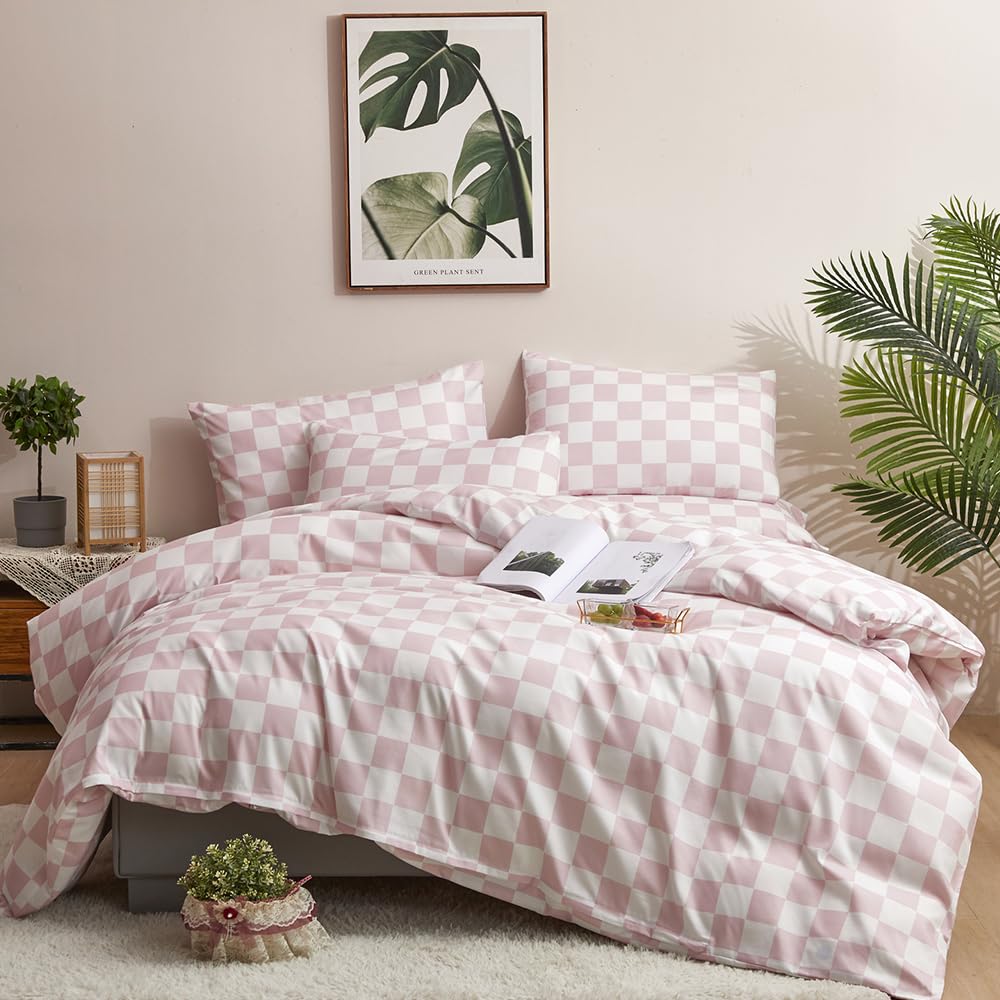 Clothknow Pink Grid Queen Comforter Set 3Pcs Blush White Bedding Comforter Sets Plaid Comforter Queen Pink Checked Queen Size Comforter Sets