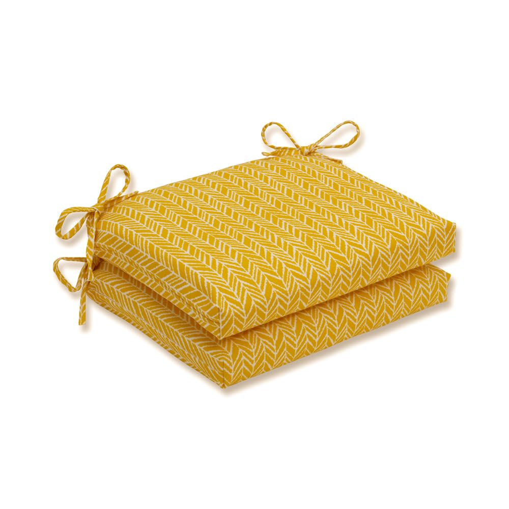 Pillow Perfect Outdoor/Indoor Herringbone Egg Yolk Square Corner Seat Cushions, 18.5' X 16', Yellow, 2 Count