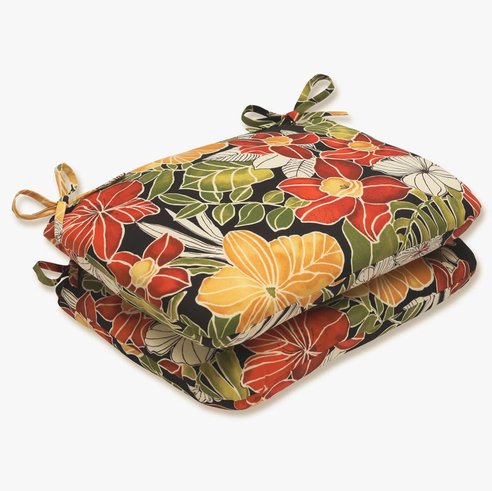 Pillow Perfect Tropic Floral Indoor/Outdoor Round Corner Chair Seat Cushion With Ties, Plush Fiber Fill, Weather, And Fade Resis