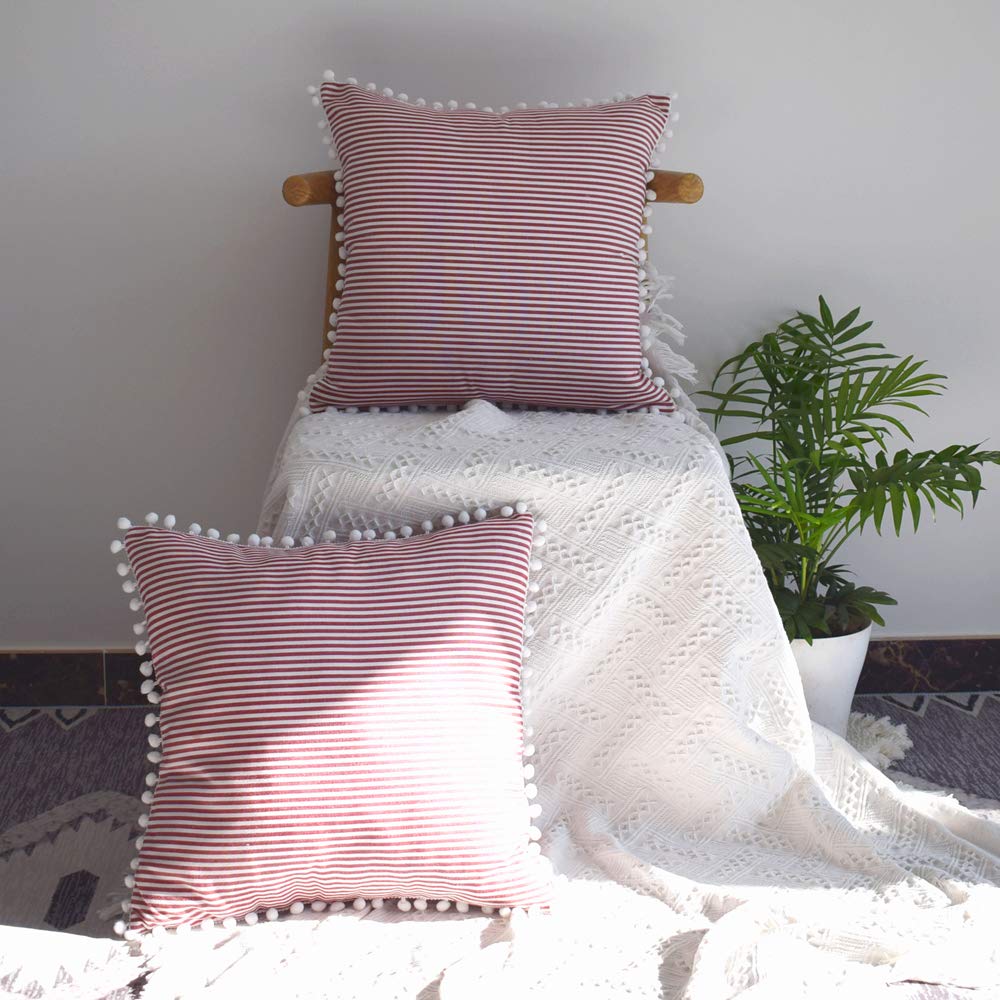 Hoplee Decorative 16X16 Pillow Covers Red And White Tricking Stripe Throw Pillow Covers Farmhouse Pillow Covers With Poms 16X16