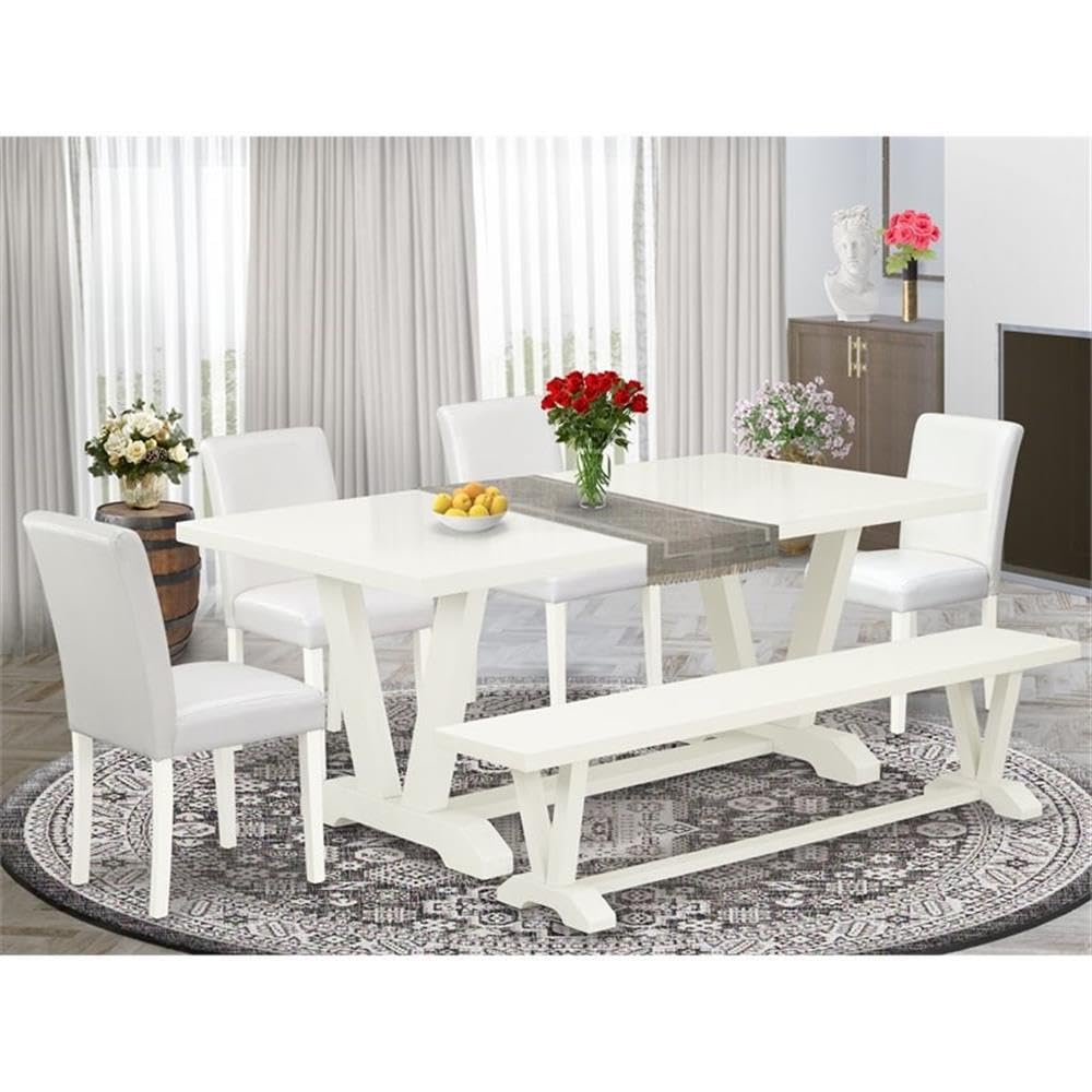 East West Furniture V-Style 6 Piece Set Contains A Rectangle Dining Room Table With V-Legs And 4 White Faux Leather Parson Chairs With A Bench, 40X72 Inch, Multi-Color