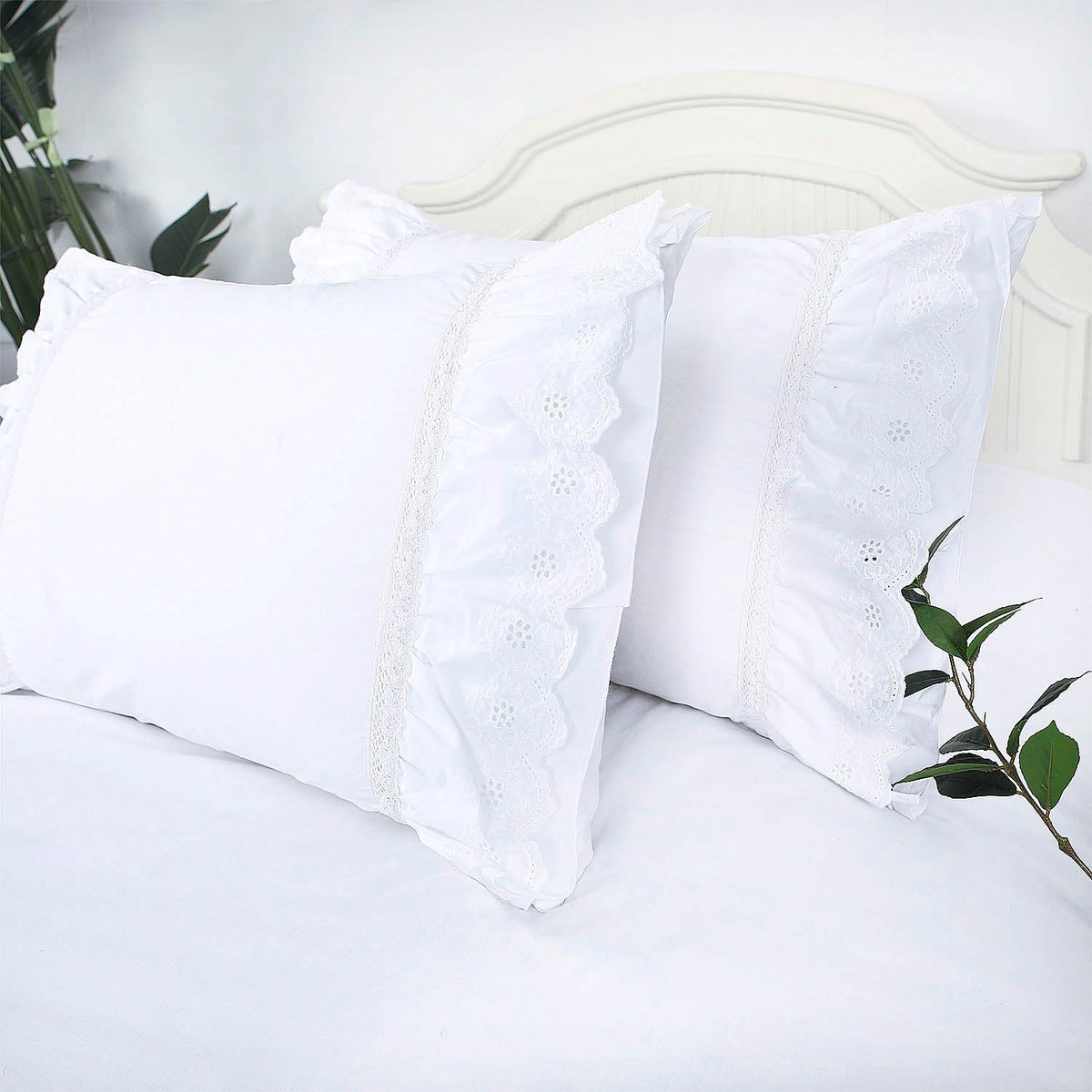 Eyelet Pillow Shams Lace Ruffled Standard White Shabby Chic Farmhouse Pillowcases Set Of 2 Pretty Elegant Cotton Country French