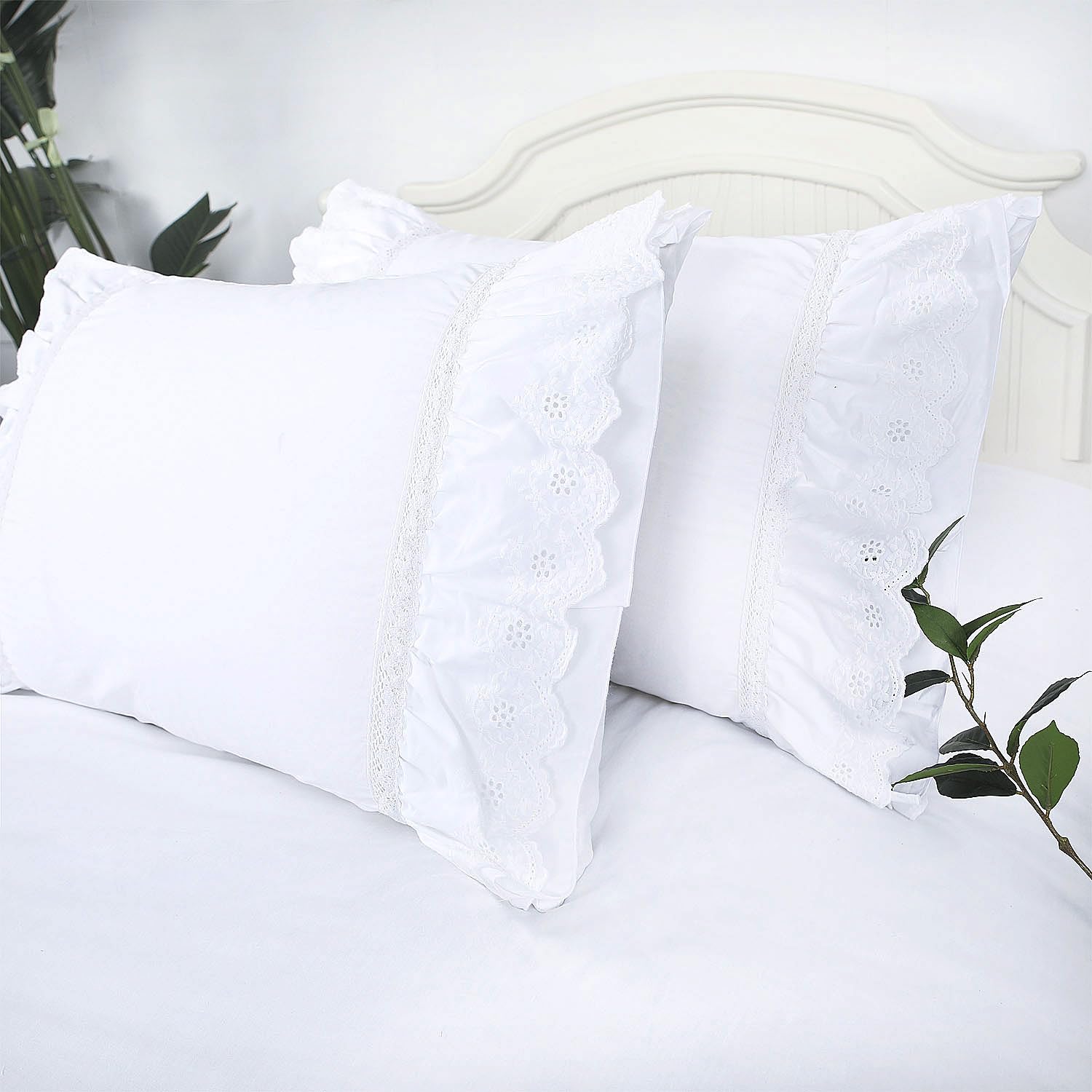 Eyelet Pillow Shams Lace Ruffled King Bright White Shabby Chic Set Of 2 Double Layered Ruffle Farmhouse Pillowcases Country Fren