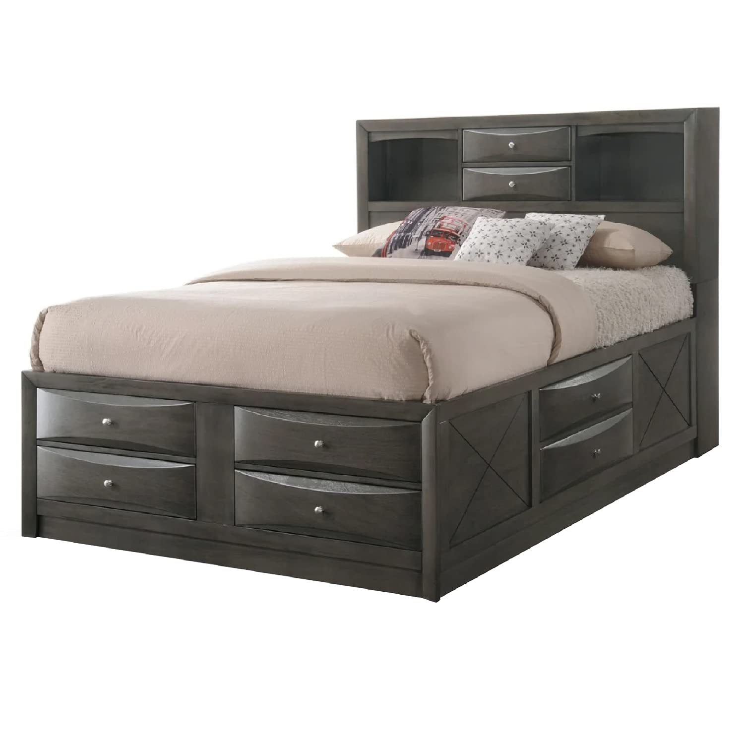 Benjara Contemporary Style Queen Size Wooden Storage Bed with Eight Spacious Drawers, Brown,