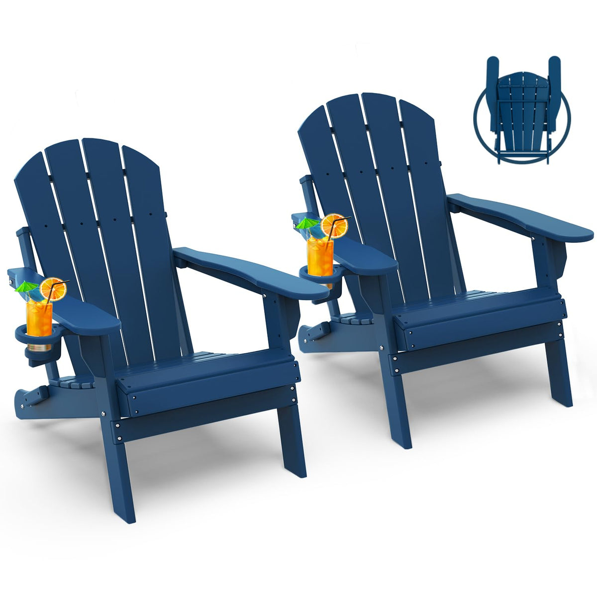Greenvines Folding-Adirondack-Chairs-Set-Of-2 | Hdpe Plastic | Fire Pit Chair | All Weather | Cup Holder | Blue | For Deck Backyard Patio Outdoor Garden