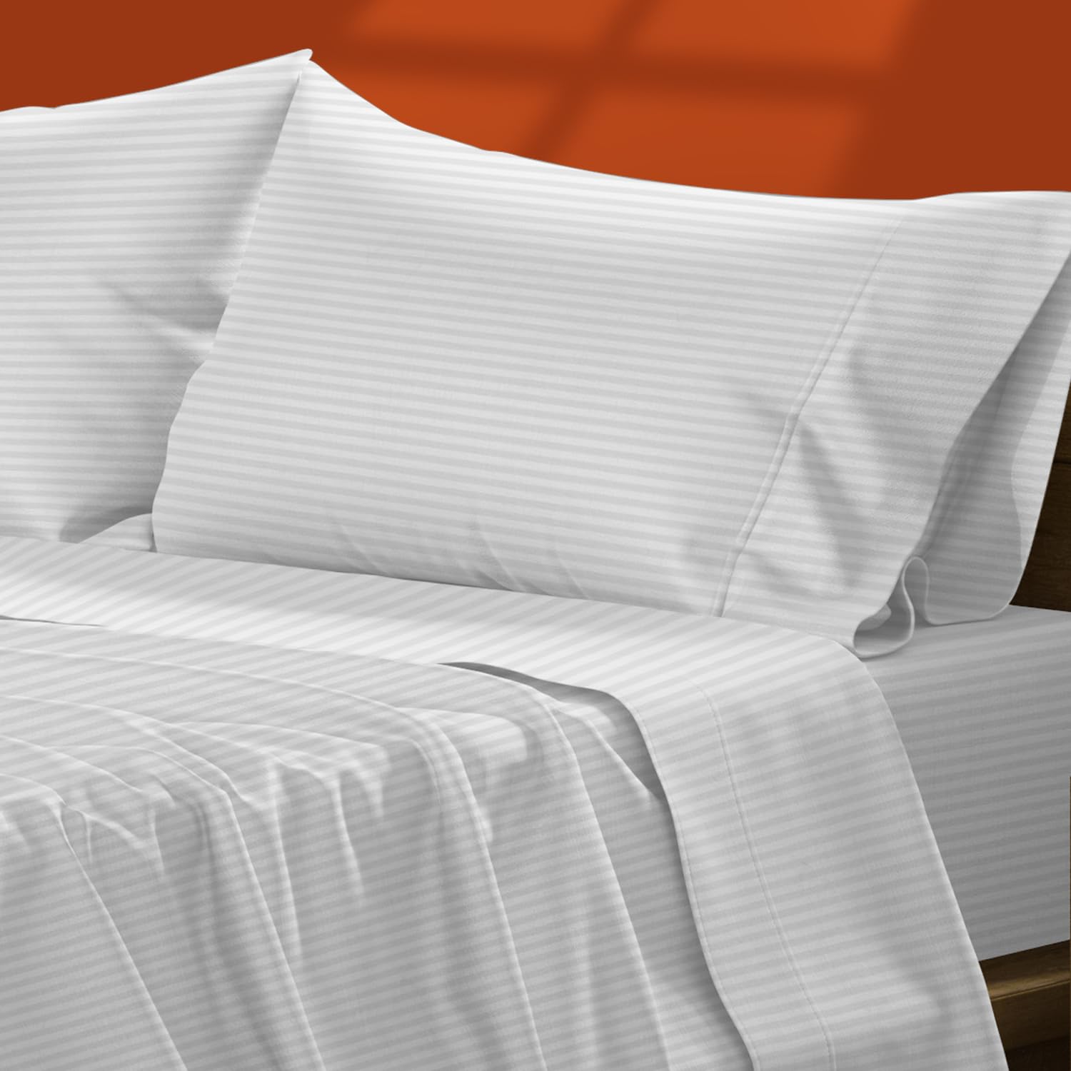 Texas Linen Co. Luxury Egyptian Cotton Full Stripe Sheet Set, 600 Thread Count Extra Long Staple 4 Pc Set, Full White Damask She
