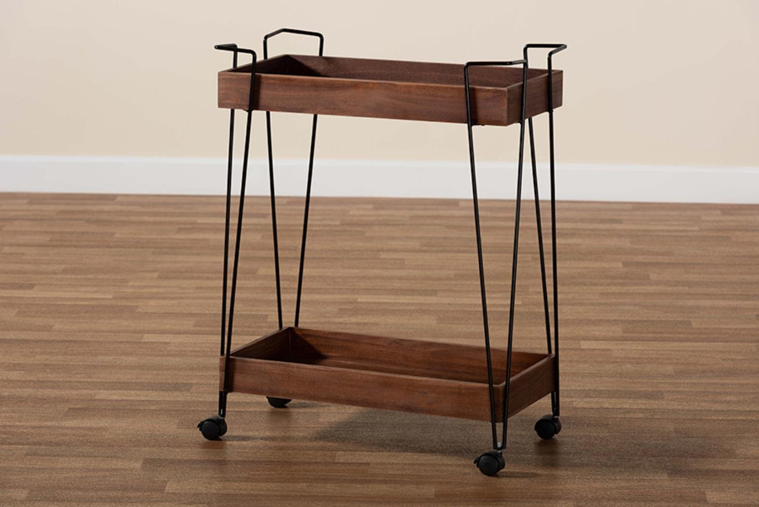 Baxton Studio Reynard Modern and Industrial Walnut Brown Finished Wood and Black Metal 2-Tier Wine Cart