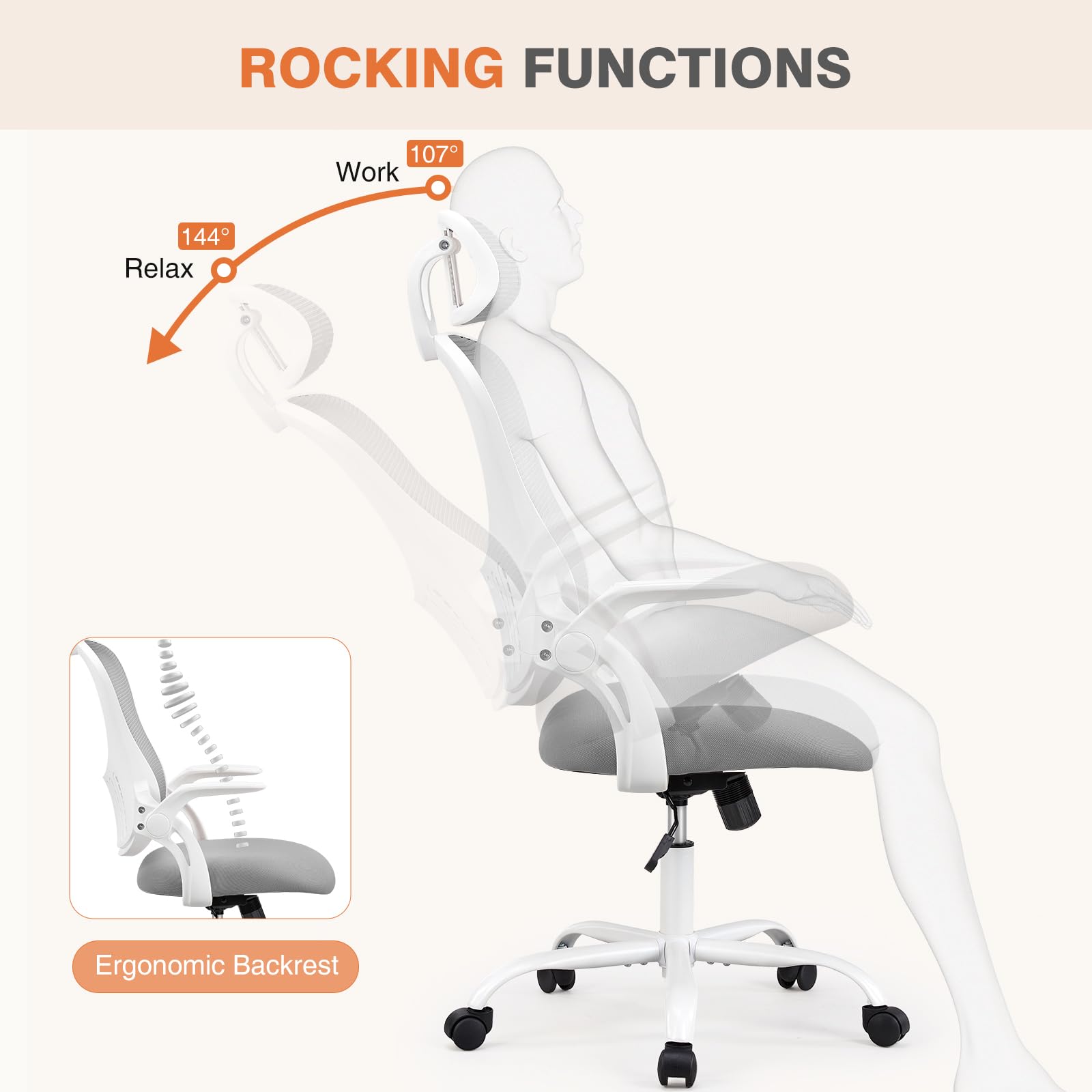 Sweetcrispy Office Computer Desk Chair, Ergonomic High-Back Mesh Rolling Work Chairs With Wheels And Adjustable Headrests, Comfortable Lumbar Support, Comfy Flip-Up Arms For Home,Bedroom,Study, Grey