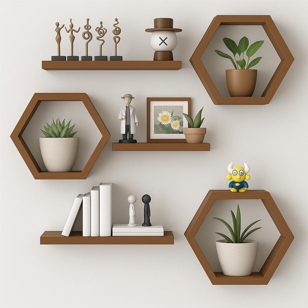 AR SABRI SHOPEE Arif Rao Wooden Floating Wall Shelves For Living Room, Wall Mounted Set Of 6 Hexagon Shelves For Photos Plants A