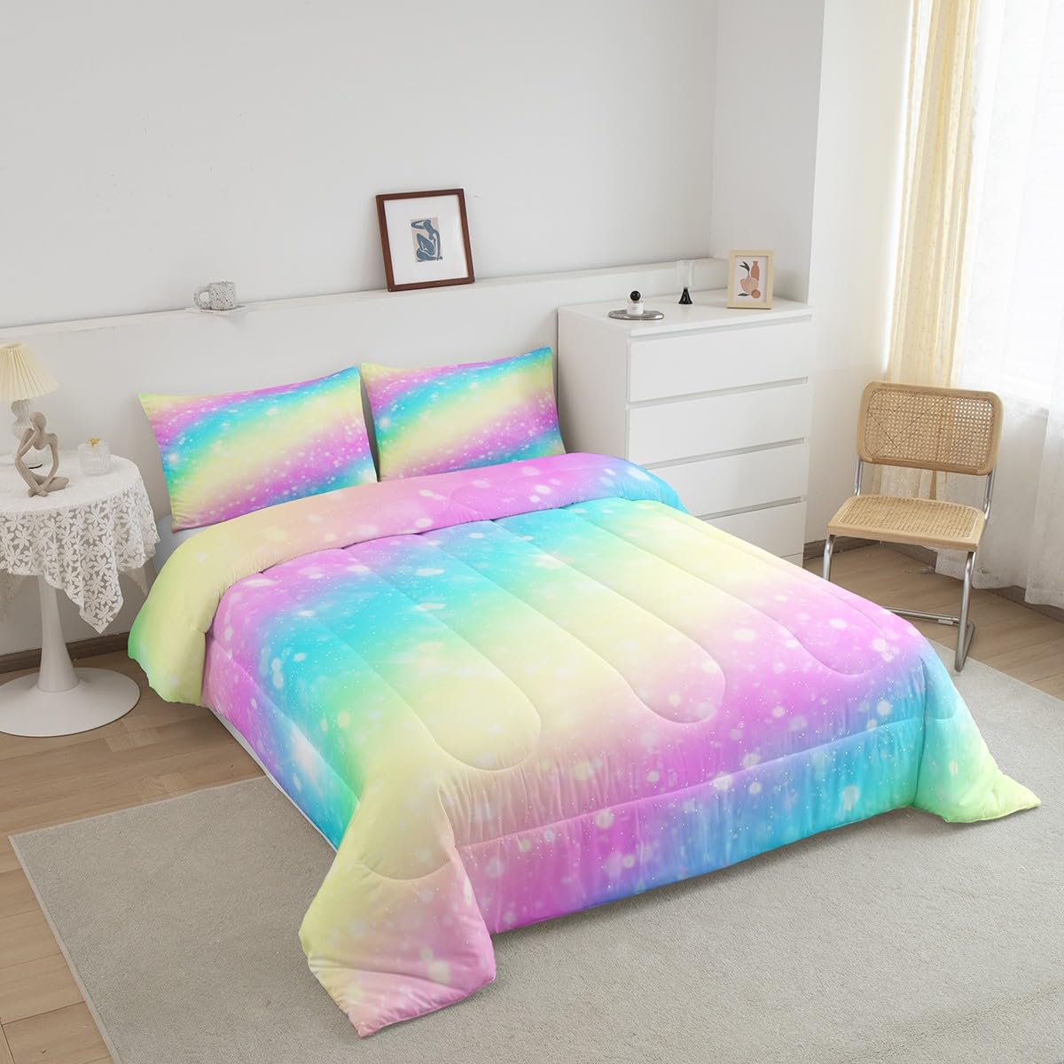 Feelyou Rainbow Comforter Set Twin, Tie Dye Pastel Bedding Set Stars Glitter Comforter For Kids Colorful Stripes Bedspread C Roo
