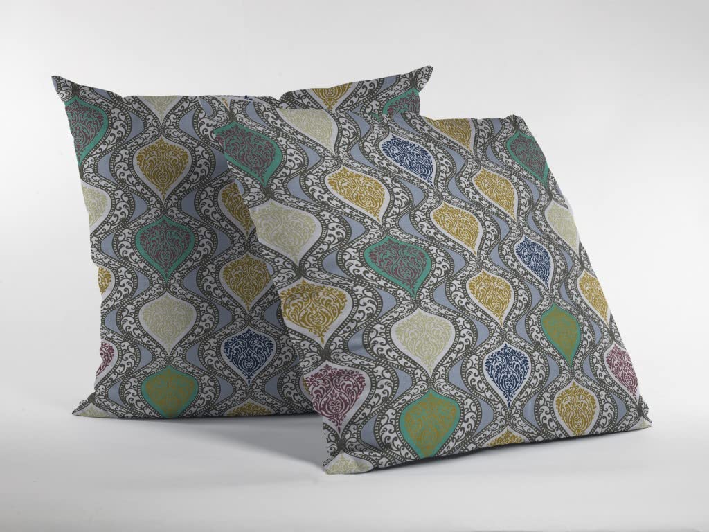 HomeRoots Gold and Green On Gray 16â€ Gray Gold Ogee Decorative Suede Throw Pillow