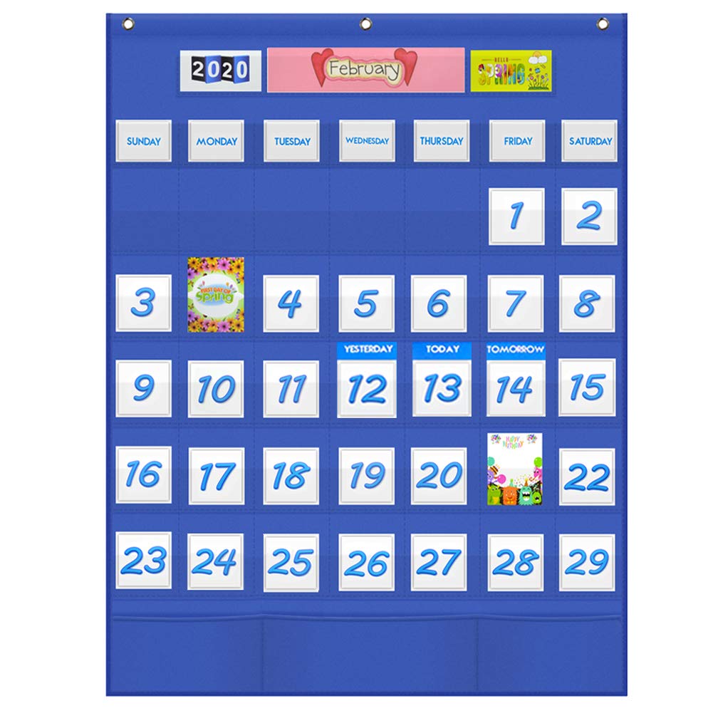 Vnom Calendar Pocket Chart Kids Calendar Learning For Preschool Classroom,119 Multiple Colorful Cards Included,26X34 Inch (Blue)