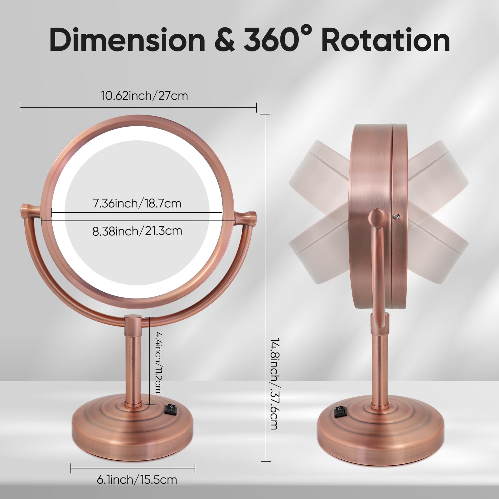 Gurun 8.5 Inch Tabletop Led Lighted Makeup Mirror With 10X Magnification Double Sided Vanity Mirror Plug Power Matte Rose Gold M