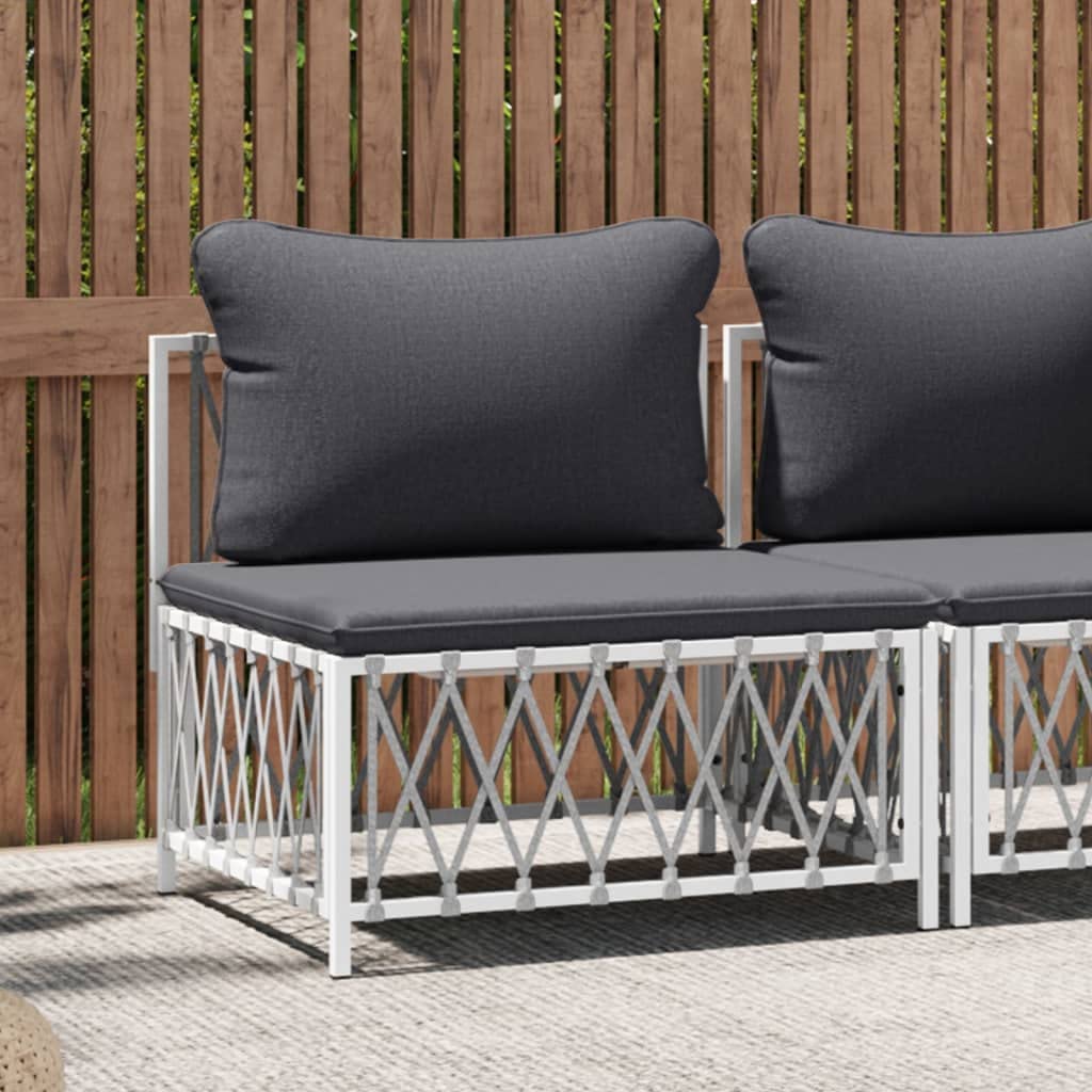 vidaXL Patio Middle Sofa in White Woven Fabric – Durable Outdoor Seat with Cushions, Modular, Flexible Design and Powder-Coated Steel Frame.