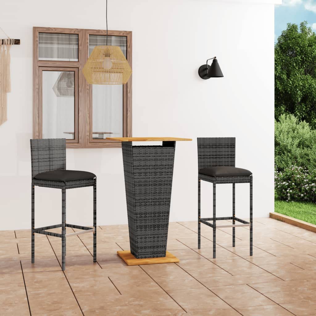 vidaXL Patio Bar Set with Cushions 3 Piece Garden Outdoor Balcony Backyard Terrace Bistro Furniture Table Chair Dining Stools Sets Poly Rattan Gray