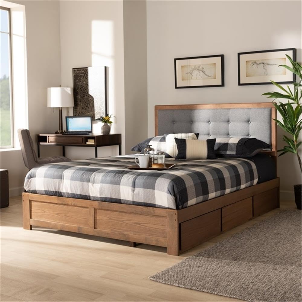 Baxton Studio Lene Modern and Contemporary Transitional Dark Grey Fabric Upholstered and Ash Walnut Brown Finished Wood Queen Size 3-Drawer Platform Storage Bed