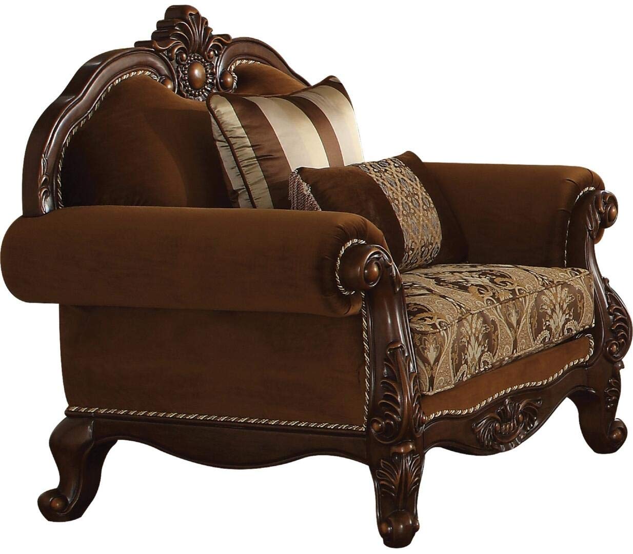 Acme Furniture Jardena Chair with 2 Pillows, Fabric & Cherry Oak