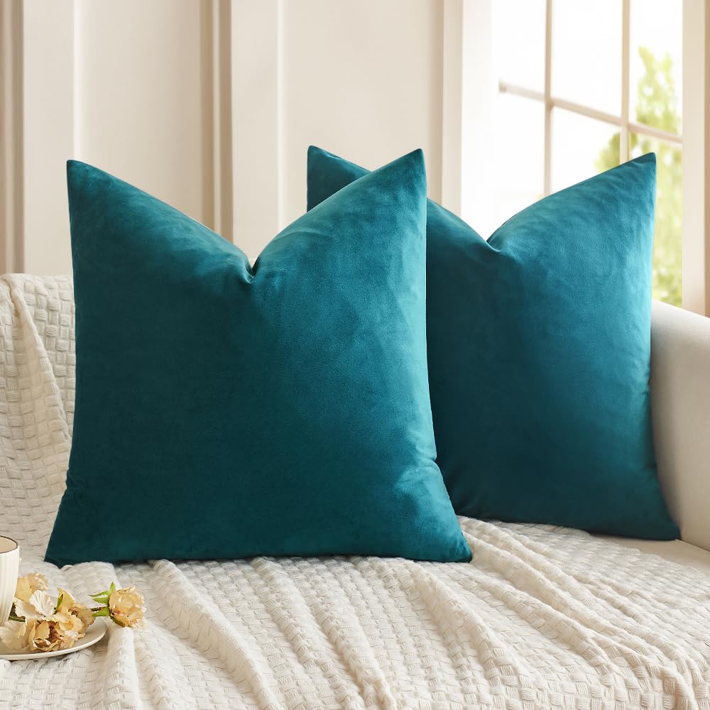 Miulee Teal Pack Of 2 Velvet Pillow Covers Decorative Square Pillowcases Soft Solid Cushion Cases For Sofa Bedroom Couch 18X18 I